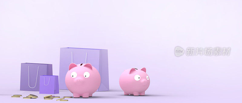 Business Analytics Data concept and seo marketing social media with piggy bank and Save money on purple。拷贝空间，数字，横幅，网站-3d渲染